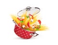 Red saucepan with pasta and cheese, vegetables, isolated