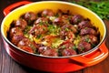 red sausages drenched in homemade frothy beer onion marinade in a pyrex dish