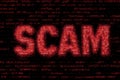 Red scam alert message flashing on black computer screen with program code and glitch effect, warning about online fraud and Royalty Free Stock Photo
