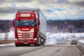 Red Scania 500 S Super Truck Pulls Semi Trailer on Road