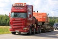Red Scania Semi Transports Construction Machinery Uphill