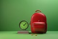 Red school backpack on a green background with an alarm clock and books, 3d illustration with copy space Royalty Free Stock Photo