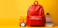 Red school backpack, stopwatch, stack of colored books isolated on yellow background, back to school concept, school supplies, Royalty Free Stock Photo