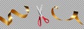 Red scissors cut gold ribbon realistic illustration. Grand opening ceremony symbols, 3d accessories on transparent