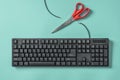 Red scissors and a keyboard with a cut wire. Idea and concept for the topic of censorship or freedom of the press