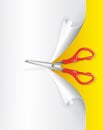 Red scissors and white paper on yellow background Royalty Free Stock Photo