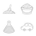 A red scoop in the sand, a green bucket with sand, a multi-colored pyramid, a blue toy car. Toys set collection icons in Royalty Free Stock Photo