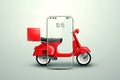 Red scooter drives out of the smartphone on a light background. Delivery concept, online ordering, food delivery, last mile. 3D