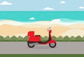 red scooter driving on asphalt road next to sandy beach and sea vector background