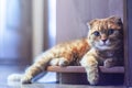 Red Scottish Fold cat resting on a shelf and looks lazily at the camera