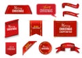 Red scrolls banners, set labels Merry Christmas