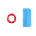 Red scrunchy, blue plastic comb white background isolated closeup, spiral elastic scrunchie, hair brush, circle flexible hair band