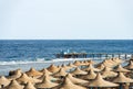 Red Sea and Beach with Straw Umbrellas - Marsa Alam Egypt Africa Royalty Free Stock Photo