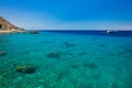 Red sea landscape summer time Israeli scenic view coral reefs beach relaxation people on a pier and yacht on water surface in