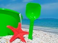 Red sea star and green bucket Royalty Free Stock Photo