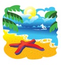 Red sea star on sand, tropical paradise beach with palms, ocean and ship on background, seascape, summer time, vacation