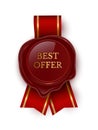 Red seal with ribbon and best offer gold stamp, realistic 3d badge for retail sales Royalty Free Stock Photo