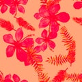 Red Seamless Art. Pink Pattern Nature. Coral Tropical Design. Scarlet Flower Design. Ruby Drawing Background. Spring Hibiscus.