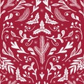 Red seamless Christmas pattern with winter flora. Vector illustration