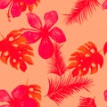 Red Seamless Exotic. Coral Pattern Design. Pink Tropical Painting. Scarlet Garden Plant. Floral Textile.Monstera Leaves.