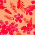 Red Seamless Leaves. Pink Pattern Illustration. Scarlet Tropical Design. Ruby Flower Plant. Coral Drawing Painting.