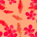 Red Seamless Painting. Scarlet Pattern Palm. Coral Tropical Illustration. Ruby Flower Plant. Pink Drawing Nature.