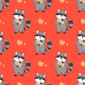 Red seamless pattern with raccoon and chocolate cookies.