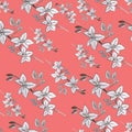 Red seamless pattern with white orchids. Floral pattern. Pencil hand drawing. Packaging design, wallpaper design, textile and fabr