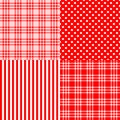 Red seamless patterns striped, plaid, spotted