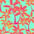 Red Seamless tropical palms pattern. Summer endless hand drawn vector green background of palm trees can be used for wallpaper, Royalty Free Stock Photo