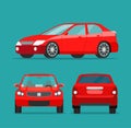 Red sedan three angle set. Car side view, back view and front view Royalty Free Stock Photo