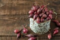 Red seeding onion in birchen pot on wooden background