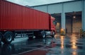 Red semi-truck arrives at modern warehouse loading dock. Cargo container waits for unloading or sorting in logistics center. Wet Royalty Free Stock Photo