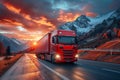 A red semi truck descends a mountain road at sunset, lighting up the sky Royalty Free Stock Photo