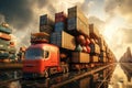 A red semi truck drives on a train track, defying convention and capturing attention, Transportation logistics, AI Generated