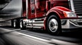 a red semi truck driving down a road. Generative Ai Royalty Free Stock Photo