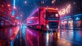a red semi truck is driving down a wet city street at night Royalty Free Stock Photo