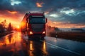 Red semi truck in motion on a wet highway at sunrise, with vibrant skies Royalty Free Stock Photo