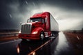 Red Semi Truck on Rainy Road, Red big rig commercial semi truck transporting cargo in dry van semi trailer running on the wet