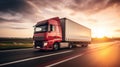 Red semi truck tractor on freeway pulling load. Truck transporting commercial cargo Royalty Free Stock Photo