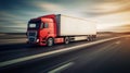 Red semi truck tractor on freeway pulling load. Truck transporting commercial cargo Royalty Free Stock Photo