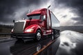 Red Semi Truck on Wet Road Driving, Rainy Day Transportation, Red big rig commercial semi truck transporting cargo in dry van semi Royalty Free Stock Photo