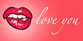 Red sensual lips, a kiss with the inscription loveyou . Vector illustration, greeting card, poster, emblem, sticker