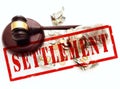 Red settlement stamp over legal gavel with hundred dollar bills and coin jar Royalty Free Stock Photo