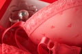 Red sexy bra and panties in box on pink background. Women sexy underwear set with roses and perfume. Gift Idea for Womens Day or Royalty Free Stock Photo