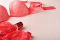 Red sexy bra and panties on pink background. Women sexy underwear set with roses and perfume. Gift Idea for Womens Day or Valentin Royalty Free Stock Photo