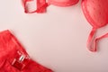 Red sexy bra and panties on pink background. Women sexy underwear set with roses and perfume. Gift Idea for Womens Day or Valentin