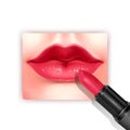 Red sexy female lips and realistic lipstick on white background, fashion element on white background, can be used for leaflets for Royalty Free Stock Photo