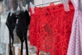 Red sexy lace stocking belt in a showcase of lingerie store