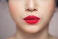 Red Lips closeup. Make up concept. Beautiful Perfect Lips.